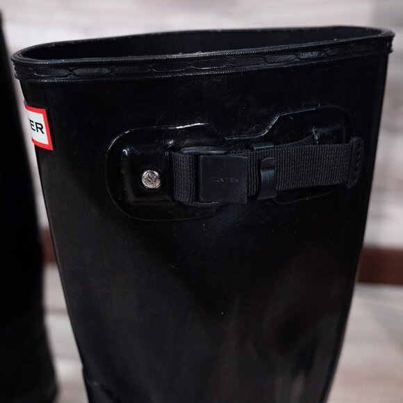 HUNTER Women Field Huntress Black Gloss Rubber Knee High Tall Rain Boots Sz 6 - Picture 4 of 7